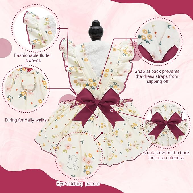 CuteBone Cotton Dog Dress Flowers with Leash Ring & Sleeve Ruffles, Soft & Breathable, Stylish Pet Clothes Outfit for Small Dogs, Comfortable & Easy to Wear CFX03L