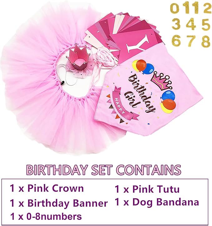 ADOGGYGO Dog Birthday Hat Bandana Girl - Puppy Birthday Party Supplies - Pink Puppy Tutu Hat Scarf Banner Set for Small Dogs (Small)