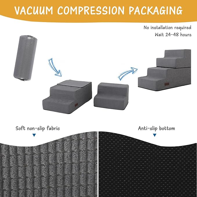Dog Stairs for Small Dogs & Cats, 4-Step Non-Slip Pet Steps for Beds & Couches, Grey Linen, 18.5" H