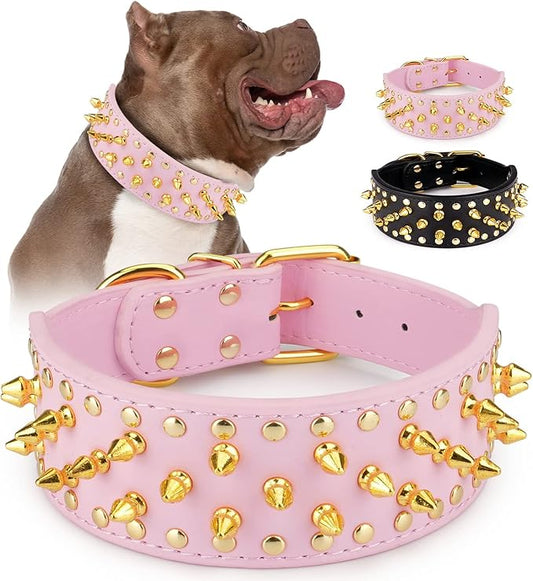 Wide Gold Spiked Dog Collar, Epesiri Dog Chain Collars, Mushroom Rivet PU Leather Dog Collars, Adjustable Durable Spike Studded Pet Collar for Pitbull Mastiff Bulldog Pugs Husky Rottweiler