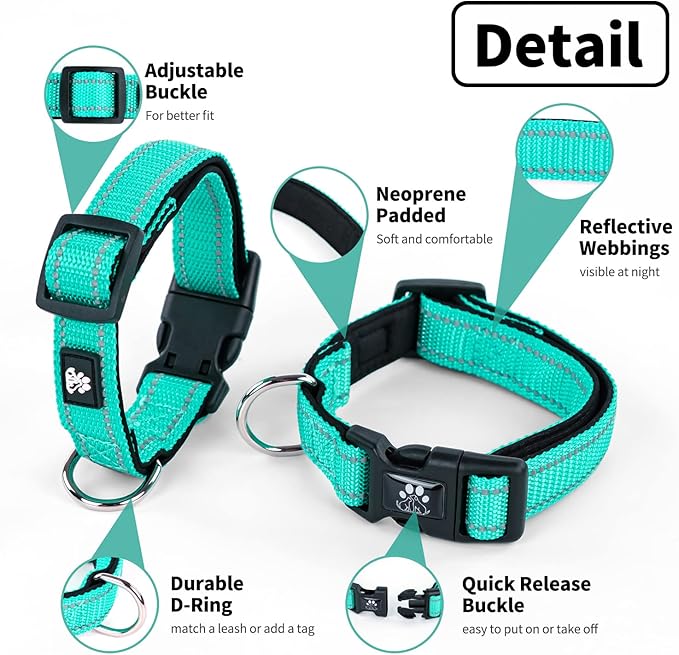 NESTROAD Reflective Dog Collar and Leash Set,Soft Neoprene Pet Collar with Quick Release Buckle,Adjustable Nylon Dog Collars for Small Medium Large Dogs(Small Collar + 5FT Leash,Teal)