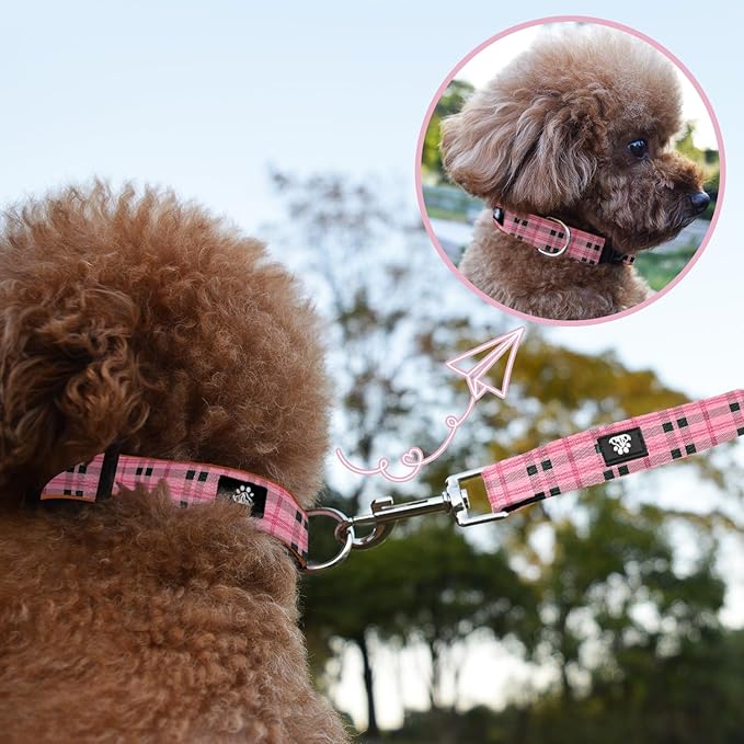 NESTROAD Dog Collar and Leash Set,Durable Leather Pet Collar with Quick Release Buckle,Adjustable Nylon Dog Collars for Small Medium Large Dogs(Large Collar+ 5FT Leash,Cherecked Pink)