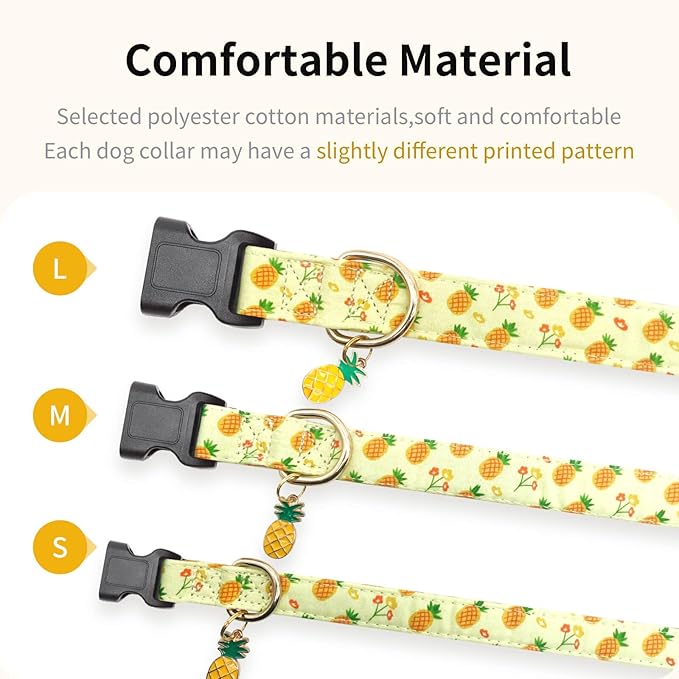 Cotton Dog Collar,Soft and Cute Puppy Collars with Pineapple Patterned Design for Girl Female Boy Dogs,Adjustable Buckle Pet Collar for Small Medium Large Dogs (Green Pineapple, S)