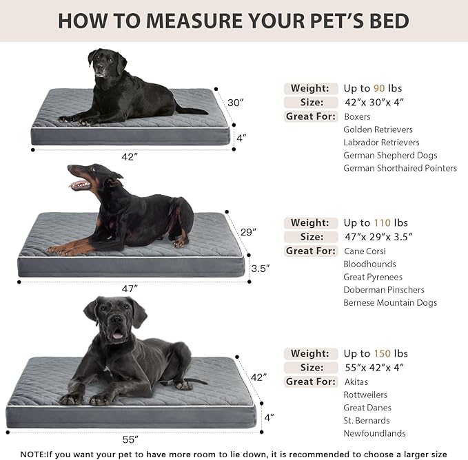 WNPETHOME Orthopedic Dog Beds for Large Dogs, Extra LargeDog Bed with Removable Washable Cover & Anti-Slip Bottom, Multi-Needle Quilting XL Pet Bed (Grey), XL (42x30x4)