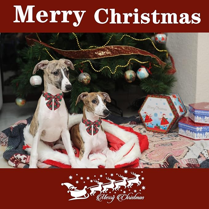 Unique style paws Christmas Dog Collar with Tie Red Green Plaid Adjustable Cotton Puppy Collar for Small Medium Large Dogs-L
