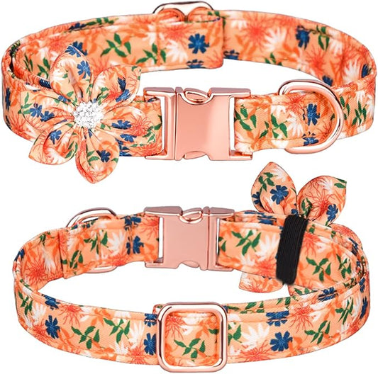 Floral Pattern Dog Collar - Cute with Detachable Rhinestone Flower for Female Puppy to Large Dogs (S, Orange)