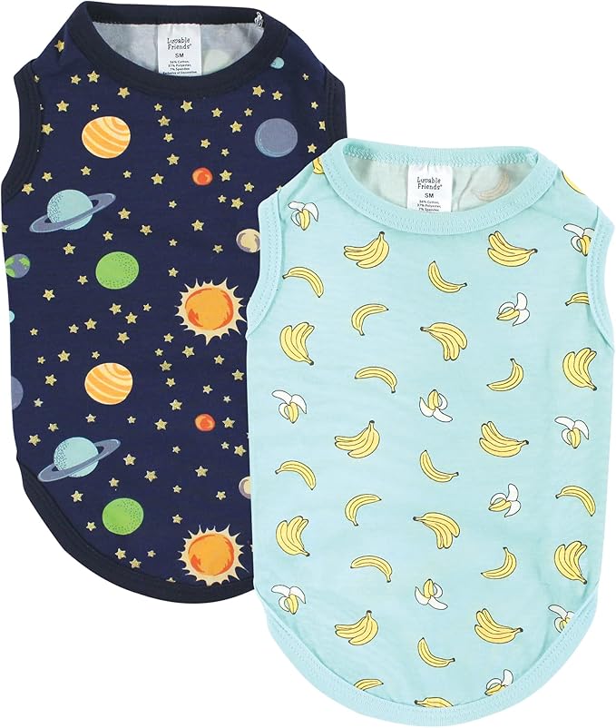 Luvable Friends Dog Pet Dog and Cats Cotton T-Shirts 2pk, Bananas Space, Small