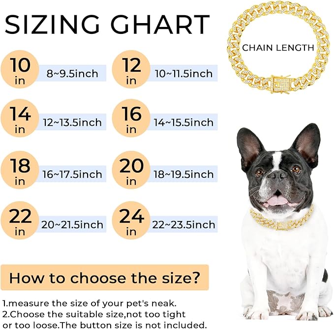 Gold Dog Chain Diamond Dog Collar Walking Metal Chain Collar with Design Secure Buckle Pet Collar Jewelry Accessories Necklace for Small Medium Large (Gold,16 Inch)