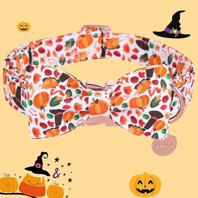 DOGWONG Fall Dog Collar with Bowtie - Fall Dog Collar Soft Cotton Autumn Dogs Necklace - Halloween Puppy Necklace for Small Medium Large Dogs