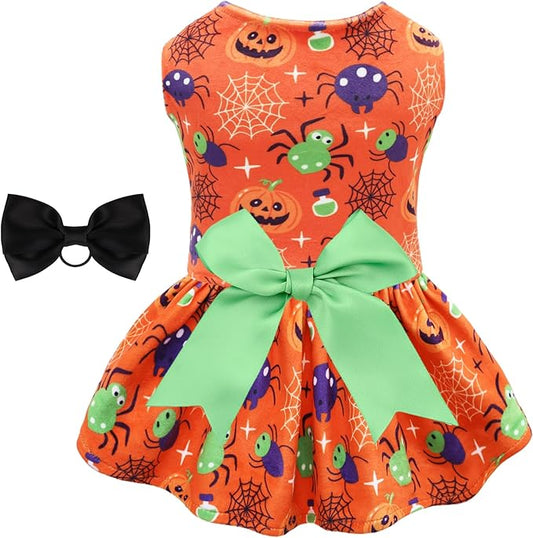 CuteBone Halloween Dog Dresses Velvet Holiday Small Dogs Clothes Onesie Pet Apparel Girl Puppy Skirt with Bow Hair Rope CVA47XS