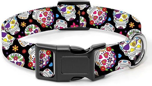 Dog Collar, Cute Dog Collar for Small Medium Large Dogs, Personalized Adjustable Soft Pet Collars with Quick Release Buckle for Walking Running, Cute Floral Skulls