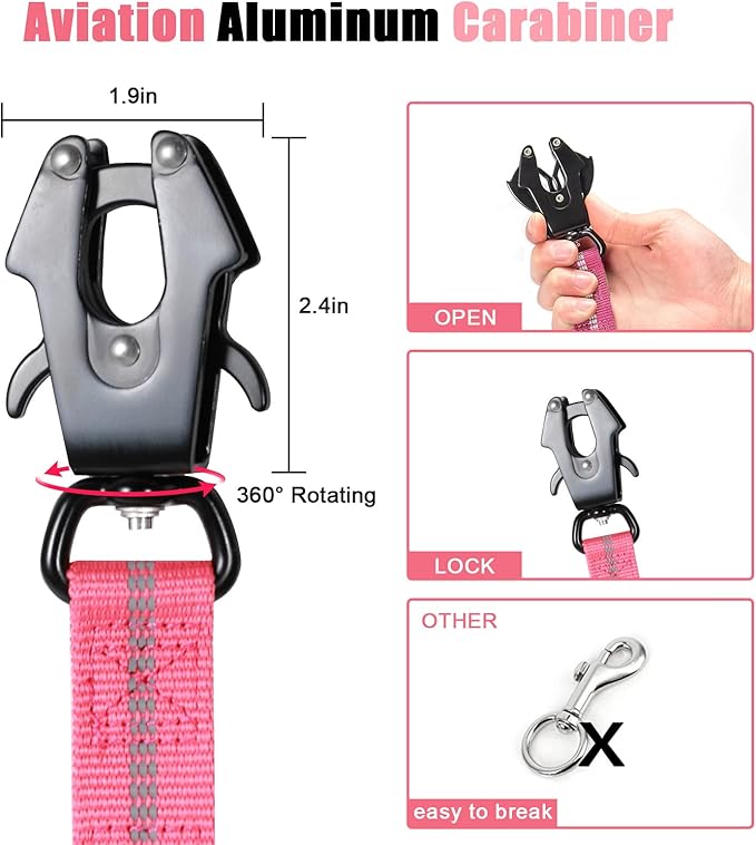 Raipult Tactical Strong Bungee Dog Leash, Pink Shock Absorbing Dog Leash with Traffic&Padded Handles, Military K9 Working Lead with Car Seatbelt for Medium Large Dogs up to 150lbs