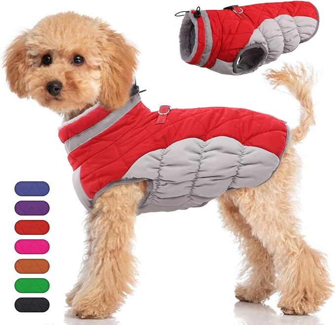 Winter Dog Coat,Large Dog Jacket,Waterproof Pet Jacket with Back Zipper,Pet Coat with Harness Built in,Warm Dogs Coat with Fleece Lined, Snow Jacket Clothes French Bulldog Shiba Inu,Red,L