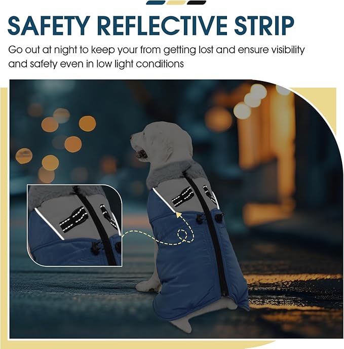 ROZKITCH Dog Jacket for Cold Weather, Dog Coat for Autumn Winter with Turtleneck, Pet Clothes with Adjustable Buckles, Soft Warm Pet Clothing with Reflective Strip for Medium Large Dogs Blue 3XL
