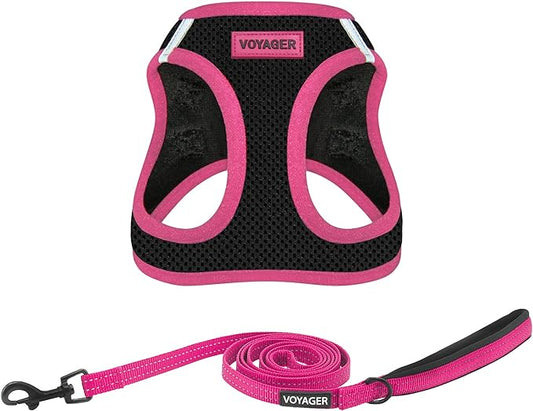 Voyager Step-in Air All Weather Mesh Harness and Reflective Dog 5 ft Leash Combo with Neoprene Handle, for Small, Medium and Large Breed Puppies by Best Pet Supplies - Black/Pink Trim, Small