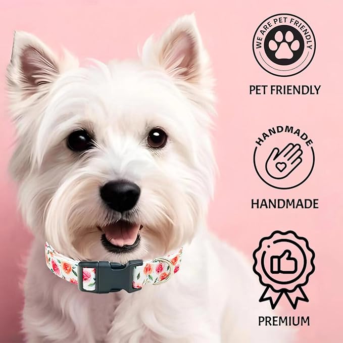 Tunkoo Flower Dog Collar with Rose Cute Adjustable Premium Cotton Collar Durable Plastic Buckle for Small Medium Large Boys Girls Dogs, S