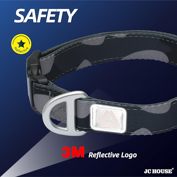 Soft Padded Dog Collar, Neck 16’’-25’’, Adjustable Heavy Duty Collar with 3M Reflective Logo for Medium, Large Dogs, Camo Dark Gray, L