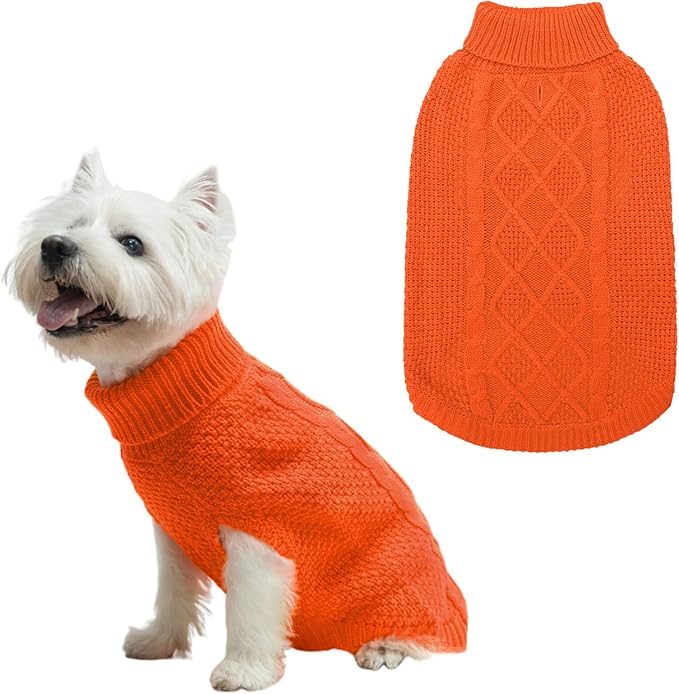 Mihachi Turtleneck Dog Sweater - Winter Coat Apparel Classic Cable Knit Clothes with Leash Hole for Cold Weather, Ideal Gift for Pet in New Year Orange Small/Medium