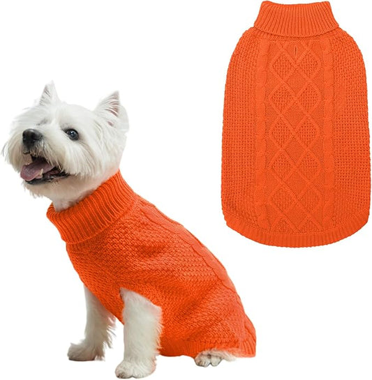 Mihachi Turtleneck Dog Sweater - Winter Coat Apparel Classic Cable Knit Clothes with Leash Hole for Cold Weather, Ideal Gift for Pet in New Year Orange Small/Medium