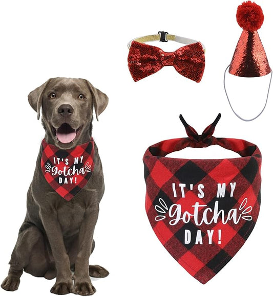 Dog Birthday Bandana Hat Bow Tie Set, 3 Pieces Foldable My Gotcha Day Plaid Dog Bandana Dog Birthday Party Hat with Cute Dog Bow Tie Collar for Dogs Cats Pets, Red