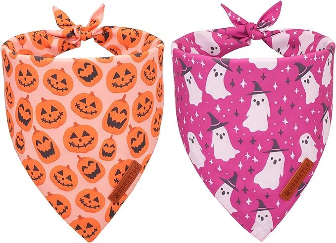 ADOGGYGO Halloween Dog Bandana, Pumpkin Ghost Pet Scarf, Premium Durable Fabric, Adjustable Fit Halloween Bandanas for Medium Large Dogs Pets (Large)
