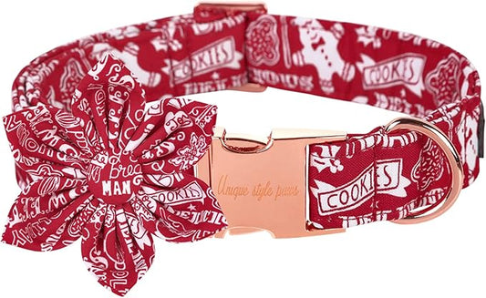 Unique style paws Christmas Dog Collar with Flower Tie Winter Gingerbread Snowman Theme Puppy Collar for Small Medium Large Dogs-S