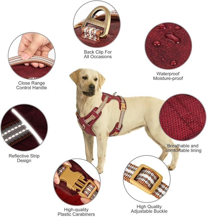 Beirui Dog Harness for Large Dogs, Stylish Oxford Leather Pet Vest with 2 Leash Clips, Adjustable Reflective Soft Padded No Pull Harness with Easy Control Handle for Walking, Chest 31-44"