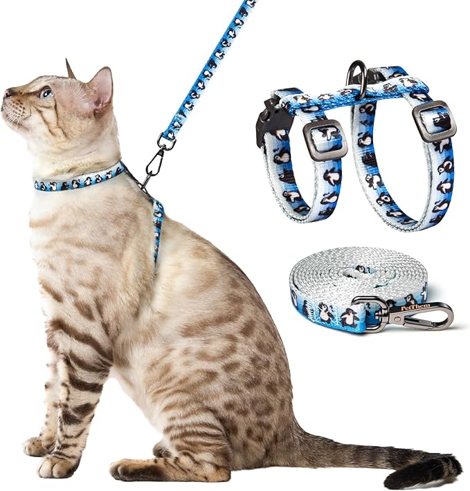 Cat Harness and Leash Set - Escape Proof Adjustable Cat Harness, Comfortable Soft Lightweight, Use Safe & Easy, Walking Travel Kitten Harness for Small Medium Large Cats (Blue Glacier Penguin)
