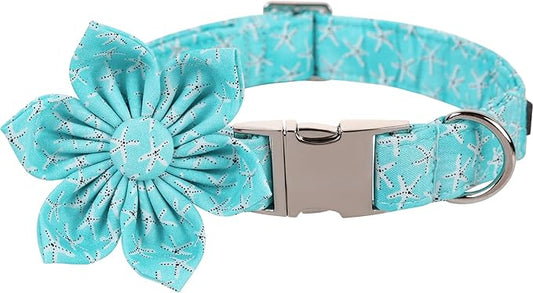 Lionet Paws Dog Collar with Flower - Cute Cotton Adjustable Flower Dog Collar with Metal Buckle for Medium Dog Girl Boy, M, Neck 13.5-22in