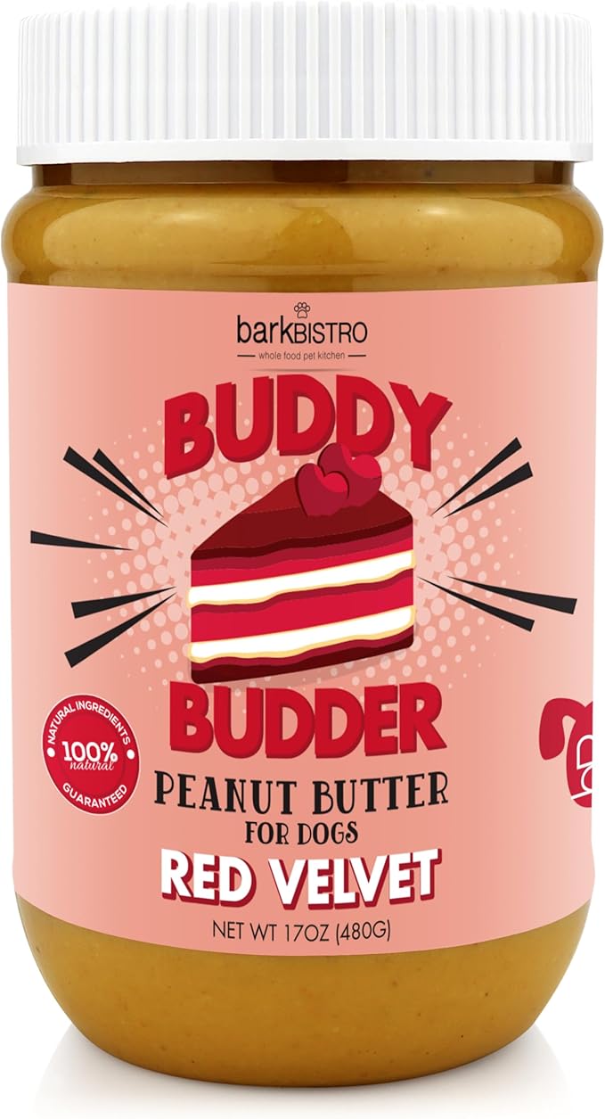 BUDDY BUDDER Red Velvet, 100% Natural Dog Peanut Butter, Healthy Peanut Butter Dog Treats, Stuff in Toy, Dog Pill Pocket, Made in USA, (17 oz Jars) (Red Velvet)