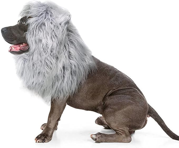 Onmygogo Lion Mane Wig for Dogs with Ears, Funny Pet Costumes for Halloween Christmas (Size L, Grey with White)