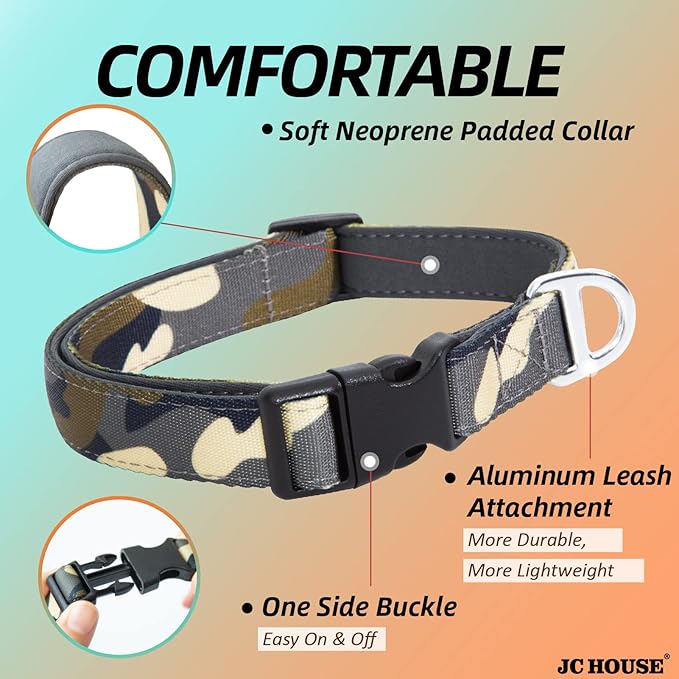 Soft Padded Dog Collar, Neck 16’’-25’’Adjustable Heavy Duty Collar with 3M Reflective Logo for Medium, Large Dogs, Camo Green, L