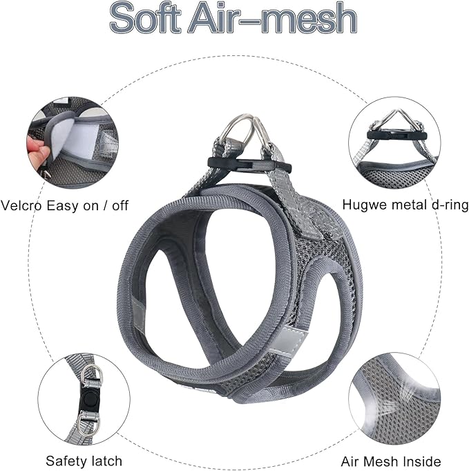 Dog Harness for Small Dogs and Leash Set, Honeycomb Grid, Reflective Lightweight Harness & Anti-Twist Pet Lead (Multi Color, Size: XS-S-M) (XS, Grey)