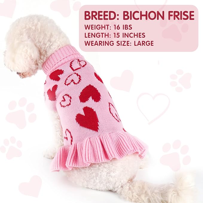cyeollo Dog Sweater Dress Valentines Day Dog Clothes Knit Turtleneck with Leash Hole Heart Pattern Holiday Theme Female Pet Apparel for Small Dogs Cats