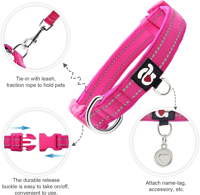 azuza Reflective Dog Collar,Soft Neoprene Padded Pet Collar with ID Tag Ring,Adjustable for Medium Dogs,Hot Pink,M