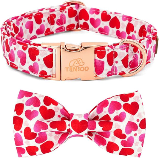 Tunkoo Valentine's Day Dog Collar with Bow Tie - Adjustable and Adorable Pet Collar - Red Hearts with Rose Gold Buckle for Large Medium Small Dog Walking, S