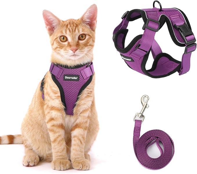 Dooradar Cat Harness and Leash Set, Escape Proof Safe Adjustable Kitten Vest Harnesses for Walking, Easy Control Soft Breathable Mesh Jacket with Reflective Strips for Cats, Purple, XS
