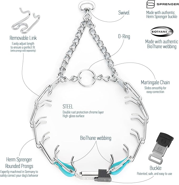 Herm Sprenger Chrome Plated Steel Dog Collar with Quick Release ClicLock Buckle and Biothane Insert Training Collar for Dogs Made in Germany (Sky Blue, 22in x 3.0mm(Neck Size up to 18-19in))