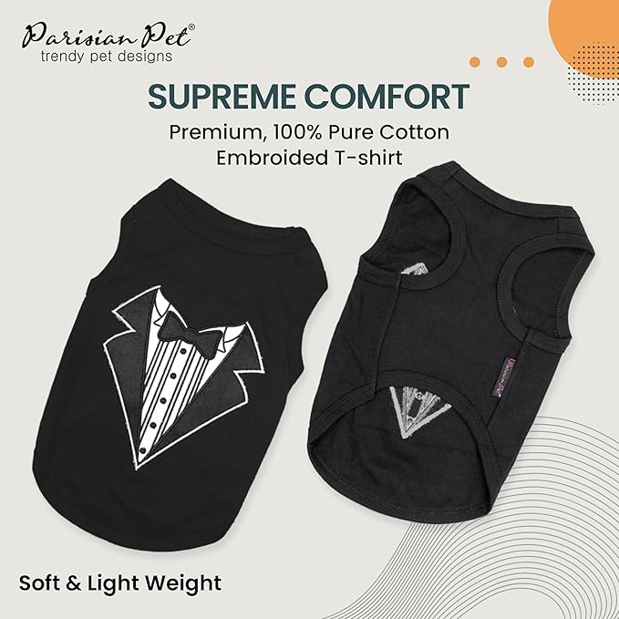 Parisian Pet Dog Tshirt - Embroidered “ Tuxedo “ Dog Shirt - 100% Cotton and Lightweight Dog Clothes - Sleeveless Black Dog Tee Shirts - Machine Washable Dog Shirts for Small Dogs - Pet Vest - S