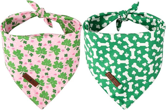 Lionet Paws St. Patrick 2pcs Dog Bandanas, Green Clover Dog Scarf Bib Premium Fabric, Happy St. Patrick Pink Bandanas for Medium Large Dogs Pets