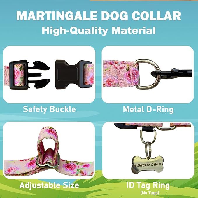 Female Martingale Dog Collar with Buckle Cute Girl Pink Floral Dog Collars for Medium Dogs, Watercolor Pink Rose