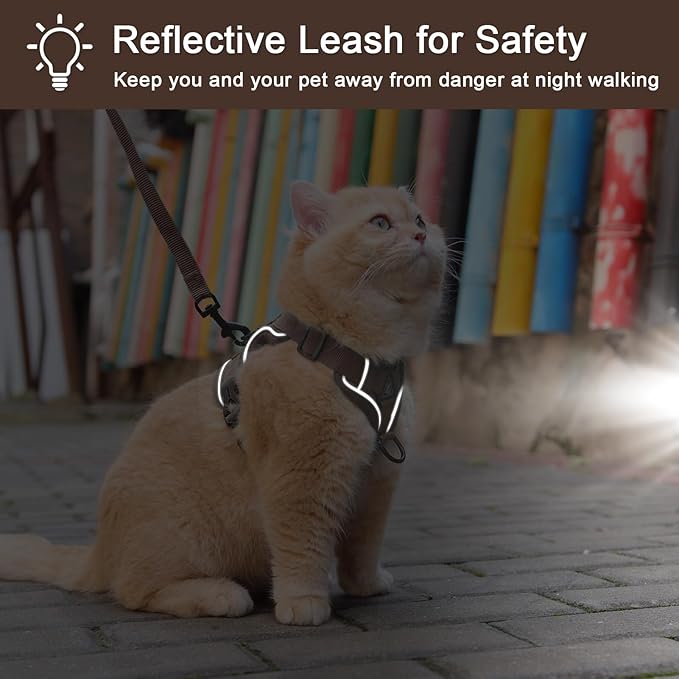 Cat Harness and Leash Set for Outdoor Walking, Cat Escape Proof Adjustable Vest with Lead for Kitten Puppy, Soft Breathable Mesh Jacket with Reflective Strips for Dark Night (M, Brown)