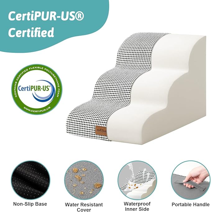 Dog Stairs for Small Dogs 15.7" H, Curved Dog Step for Puppy, Older Cat, Medium Pet Ramp for Sofa, Couch or Bed, Ladder with High Density Foam, 15.7x22.4x15.7 inch, 3 Step, White Black