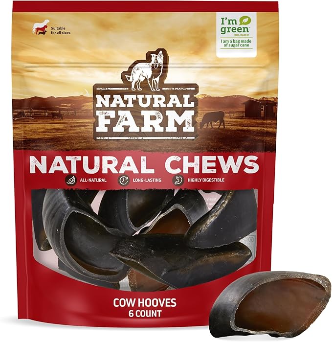 Natural Farm Cow Hooves (6 Pack), Odor-Free, All Natural Sourced from Farm-Raised Beef Hoof Dog Treats, Great Alternative to Bully Sticks or Rawhide, Dental Chew for Small, Medium, Large Breeds
