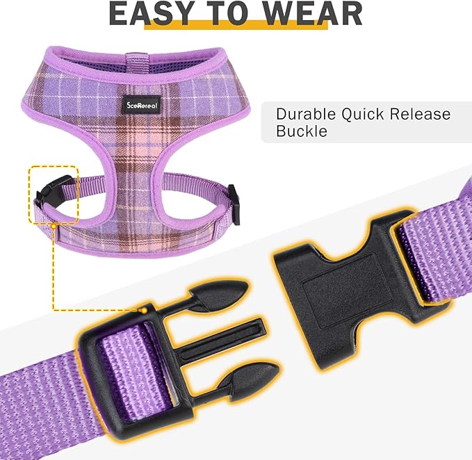 SCENEREAL Puppy Dog Harness with Leash Set for Small Medium Sized Dogs, Soft Mesh Step in Pet Harnesses and Leash, No Chock Plaid Adjustible No Pull Vest for Dogs Cats, Chihuahua,Bulldog (Purple S)