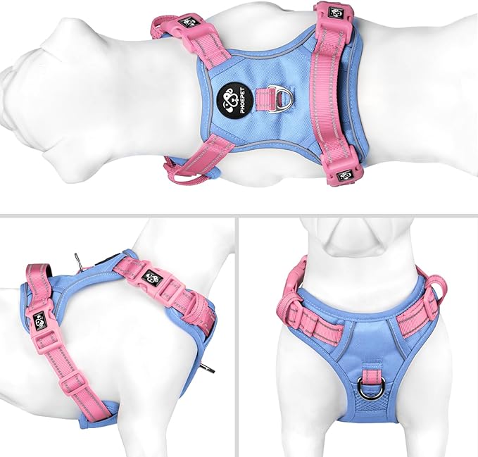 PHOEPET No Pull Dog Harness, Unique Colors Reflective Adjustable Dog Vest, with Soft Training Handle Metal Clips for Small Medium Large Dogs (Baby Blue Base & Pink Straps,L)