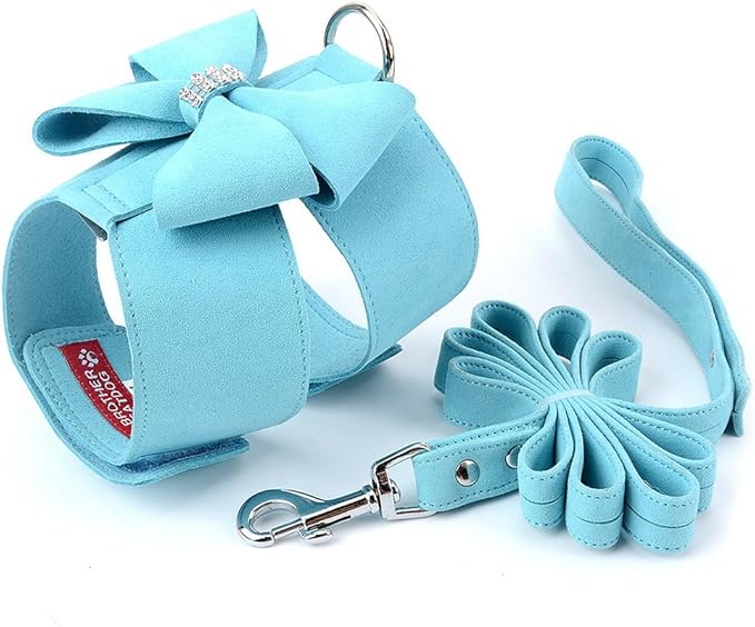 SELMAI Bling Rhinestone Dog Harness Bow Girls Soft Suede Leather for Small Pet Puppy Doggie Cat Girls Vest Collar Leash Set Adjustable/No Pull Chihuahua Yorkie Harness Walking Running Blue S