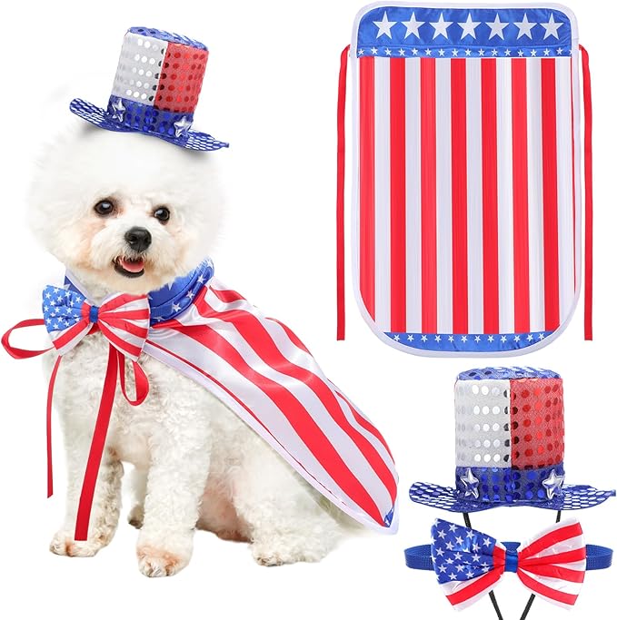 JaGely 3 Pcs 4th of July Dog Outfit Independence Day Costume Set Includes Dog Top Hat, American Flag Bow Tie Collar and Cape Patriotic Pet Cats Puppy Clothes (L,Fashion)