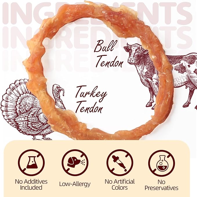 Turkey Tendons for Dogs, Large Dogs Training Treats, Natural Long-Lasting Chews Sticks, High-Protein Beef Tendons, Healthy Hypoallergenic Beggin Ring【L】(4 Units/Pack, 5.08 oz)