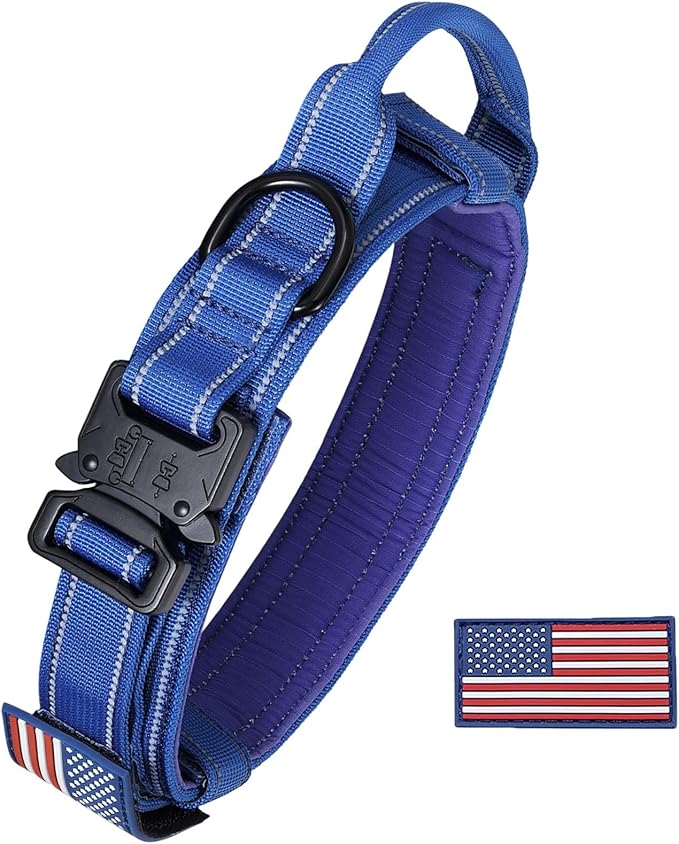 KCUCOP Tactical Dog Collar for Medium & Large Dogs - Military Nylon Heavy Duty Collar with Handle, Reflective Strip & Metal Buckle for Training, Outdoor (Dark Blue Reflective, Medium)